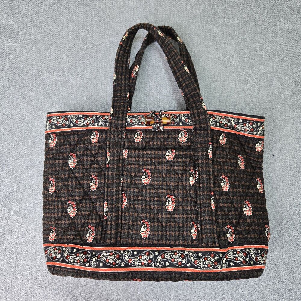 Vera Bradley Houndstooth Brown Paisley Quilted Tote Bag Toggle Purse Handbag